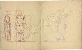 Frontal view of nude standing male figure with sketched peplos, with sketch of nude left profile ...