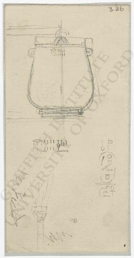 [Upper left] sketch of inscribed metal vase, with copy of inscription, not identified; [lower lef...