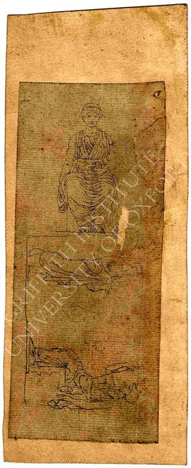 Sketches of seated woman (frontal view) and standing male figure conversing with seated female fi...