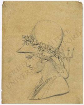Profile view of woman with wreathed helmet and trident