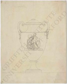 Urn design with mourning woman and armour