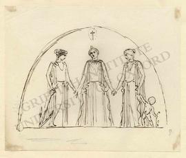 Semi-circular design of scene from the life of Christ, with three women and child holding hands b...