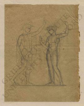 Man in broad-brimmed hat (petasos) with sword or staff and caduceus unveiling a woman in classica...
