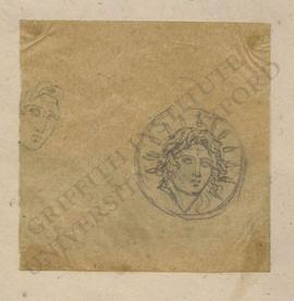 Sketch of male head and obverse of ancient Greek coin with radiate head of Helios