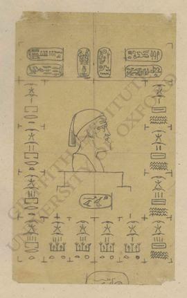 Composition with Classical(?) bust surrounded by Egyptian royal cartouches (Sesonchis, Alexander,...