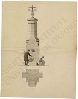 Design of drinking fountain with weather vane (elevation and plan)