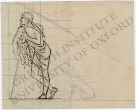 Pediment design of man leaning on stick with dog in grid