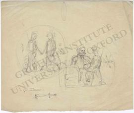 Tondo designs of Britannia welcoming Minerva and of seated man with child on his lap