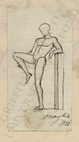Standing male nude stretching leg