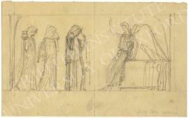 Angel and three cloaked, hooded female figures