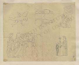 Various sketches, including cherub, Britannia welcoming Minerva, female figure (probably Muse) pl...
