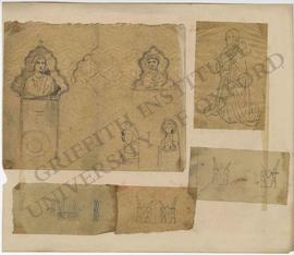 Various sketches of memorials with busts, kneeling woman, base of Egyptian statue with bows and f...