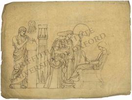 Seated woman attended by two standing women and man using compasses (probably Eratosthenes estima...