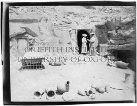[3.B] Annie A. Pirie (later Quibell) and Kate Quibell outside the dig "house" (rock-tomb)
