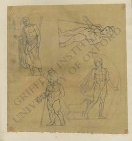 Man knocking at door, putto or Cupid with shepherd's crook and Phrygian cap, and shepherd holding...