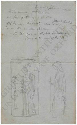 Designs of woman holding lamp and note on memorial for J. Bonomi's father (the architect J. Bonom...
