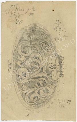 Sketch of a ceiling boss (?) with elaborate floral decoration, and calculations