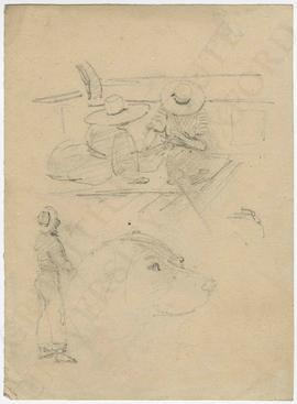Two figures on a boat, standing figure and profile of dog's head
