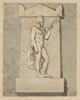 Memorial design with nude Roman soldier with spear, cloak and helmet