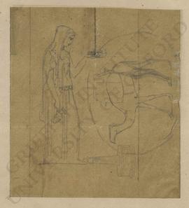Sketches of woman holding ewer and lamp, camel and ornamental/commemorative column