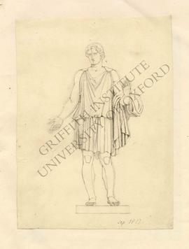Free-standing sculpture of youth in tunic, partially erased study of right hand on left