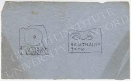 Two pencil sketches of sculptural fragments with Greek inscriptions; (left) circular motif and (r...