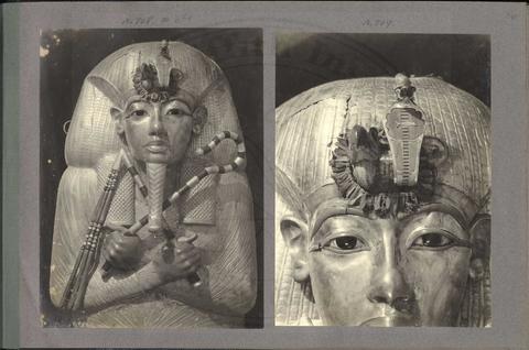 Harry Burton's Tutankhamun album 6, page with photographs of the outermost coffin