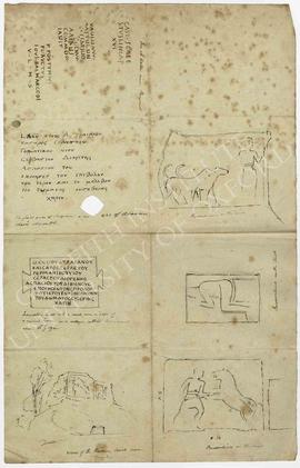 Four sketches of view and reliefs from a Roman tomb in Ghineh, near Ghazir (Lebanon), copy of a G...