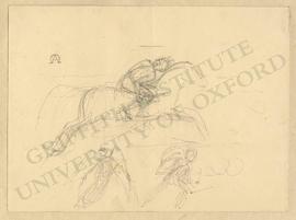 Sketches of rider on horseback, angel, and warrior