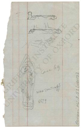 [Upper] Three sketches of feet trampling enemies. [Lower] Sketch of sandal with bound captive on ...
