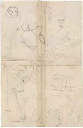 Various sketches of human figures and dogs