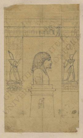 Composition with ancient Egyptian statue bust on pedestal and temple entrance with reliefs depict...