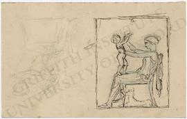 Two designs of seated female figure with nude child on her lap, chasing a bee