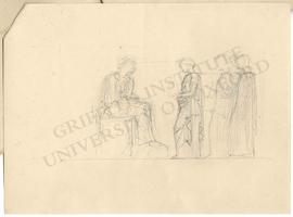 Three standing figures (probably women) appearing in audience before seated figure (probably man)