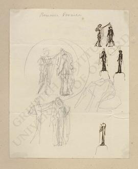Sketches of Hermes unveiling a woman in classical dress