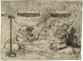 Reclining man and kneeling man in tent