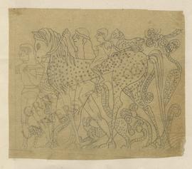 Relief depicting two men leading a spotted horse ridden by a child, Neo-Assyrian; sketch/tracing ...