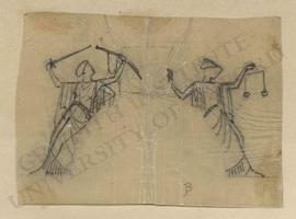 Two female figures, one on right with a set of scales and one on left with a sword (allegories of...