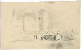 View of fortifications and dwelling or tent in foreground (not identified)