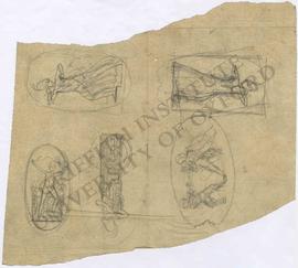 Four designs of Britannia, including breaking her bonds and fastening dress at shoulder with shie...