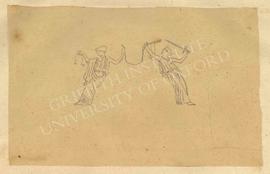 Two female figures, one on left with a set of scales and one on right with a sword (allegories of...