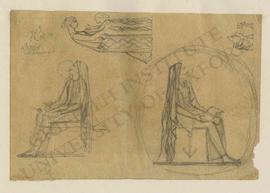 Sketches of woman with book seated on chair with anchor motif (mirror views), standing woman and ...
