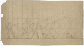 Design for pediment with armed man, two camels and a baby