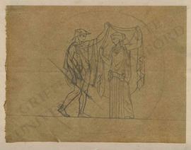 Hermes in winged hat (petasos) and winged sandals with caduceus unveiling a woman in classical dress