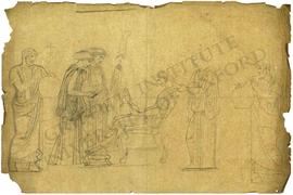 Seated woman attended by three standing women and man using compasses (probably Eratosthenes esti...
