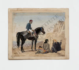 Thebes, man on horseback in conversation with another man and woman