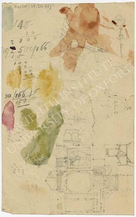 Sketched plan and calculations, with watercolour stains