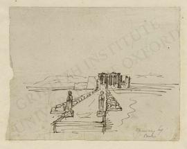 Idealised view of the approach to an Egyptian temple, with the avenue of sphinxes connecting quay...