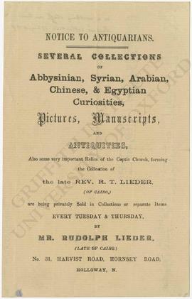 Auction notice regarding the sale of the collection of Rev. R.T. Lieder