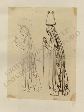 Sketches of walking woman with amphora on head and holding drop spindle